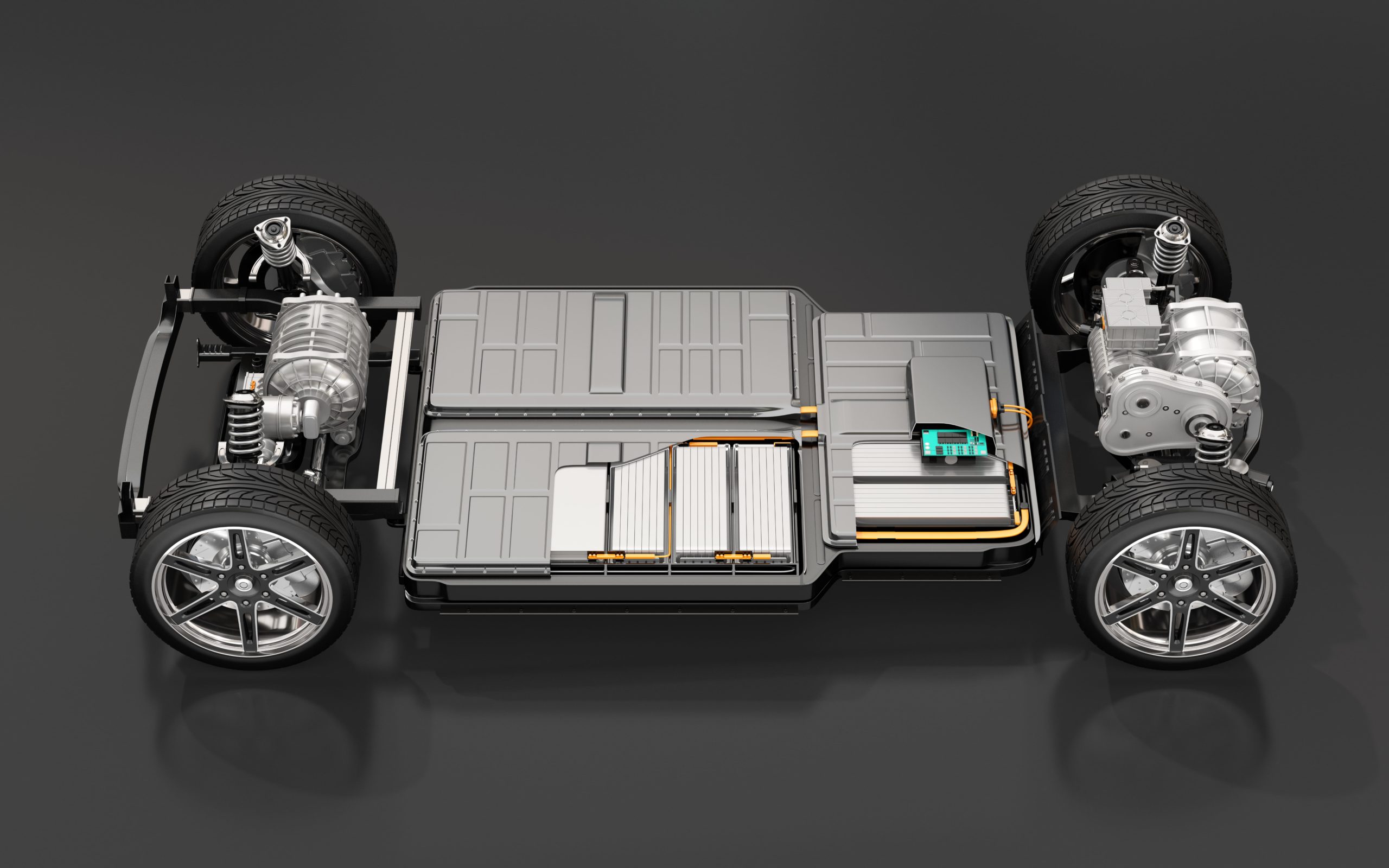 EV Side view of electric vehicle chassis with battery pack
