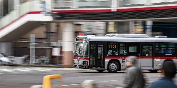 Bus driving through a city